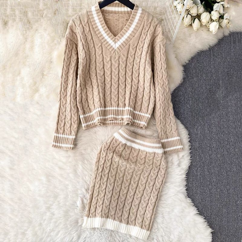 Damenmode-Anzug für Frauen im Retro-Stil, hüftbetonte Taille, schlankmachendes, lässiges Strickkleid, zweiteiliges Set_voghion.com