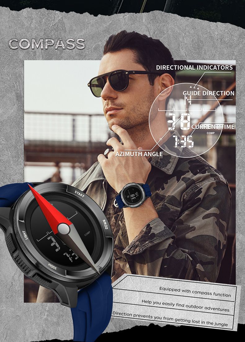 Digitale Sportuhr für Herren und Damen mit Kompass, Metronom, Schrittzähler, doppelter Zeitzone, Nachtlicht, wasserdicht bis 50 m, Silikonarmband_voghion.com