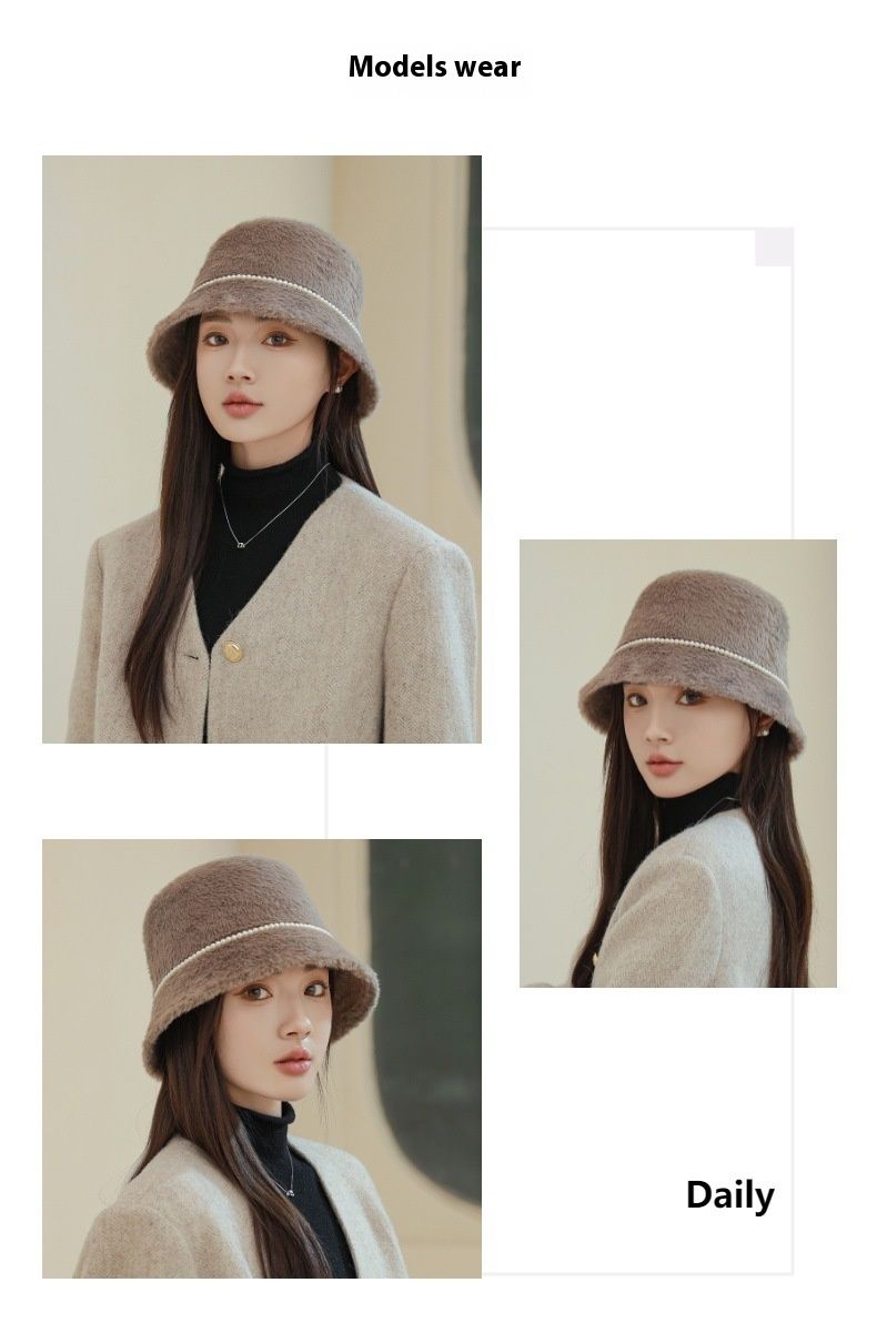 New Autumn And Winter Style Small Fragrant Pearl Mink Fur Flat Top Fisherman Hat With Feminine Temperament Warm Basin Hat Bucket Hat_voghion.com
