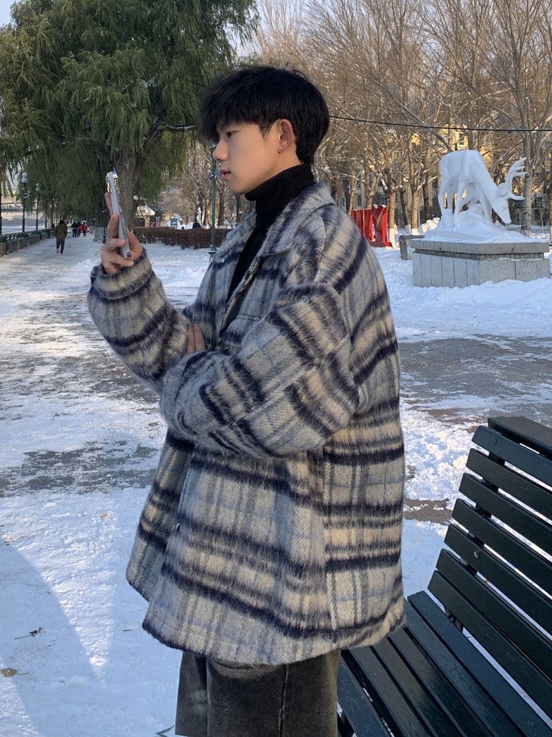 Xiaoxiangfeng manteau en laine à carreaux pour hommes, nouveau manteau en laine à col rétro automne et hiver, veste coupe-vent_voghion.com