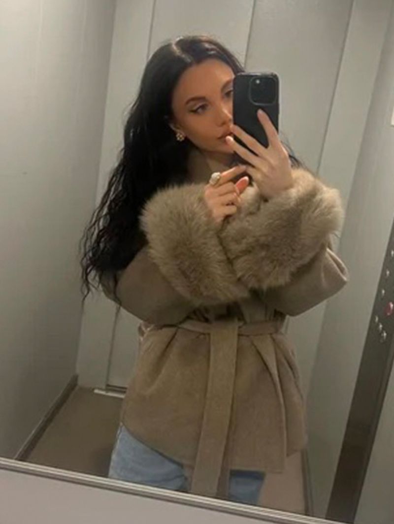Women's Clothing Autumn And Winter Woolen Coat Short Coat Women's Cuffs Fur V Neck Lace Up Solid Color_voghion.com