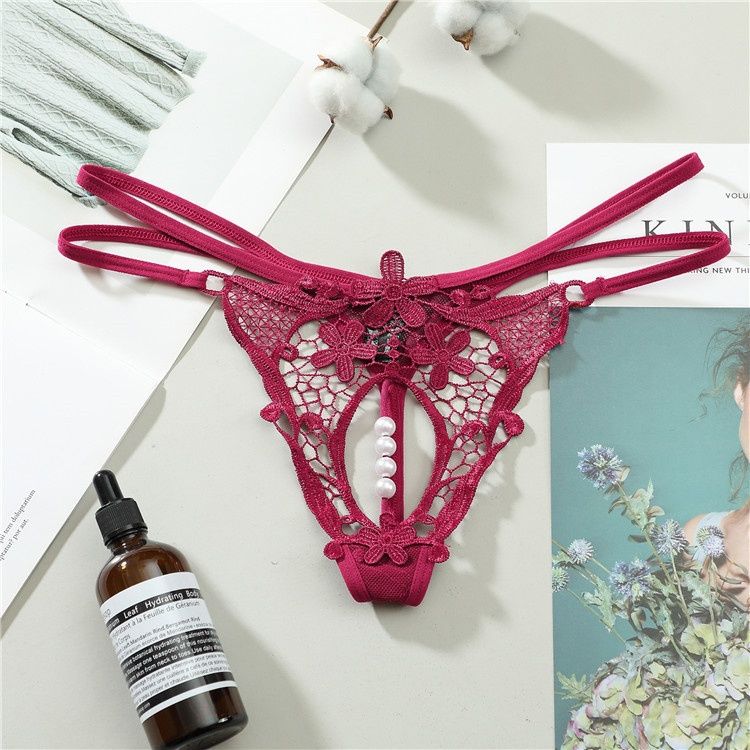 luckyqqyp Women's Sexy Hollow Pearl Thong Lace Embroidered Panties T-Pants 1861_voghion.com