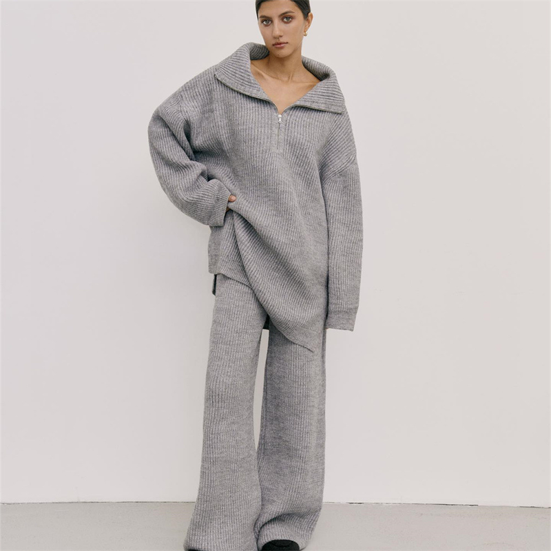 Dameskleding Eenvoudig High End Effen Kleur Pak Herfst En Winter Half Zip Trui Gebreide Rechte Broek Tweedelige Set_voghion.com