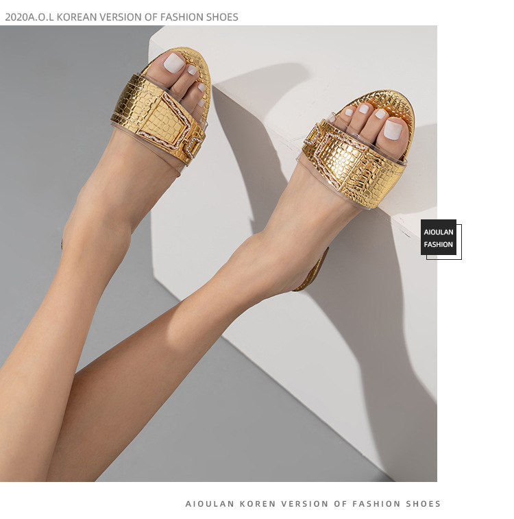 Cfxxy Cross Border Stone Pattern Flat Women S Sandales Pantoufles Mode Strass Boucle De Ceinture_voghion.com