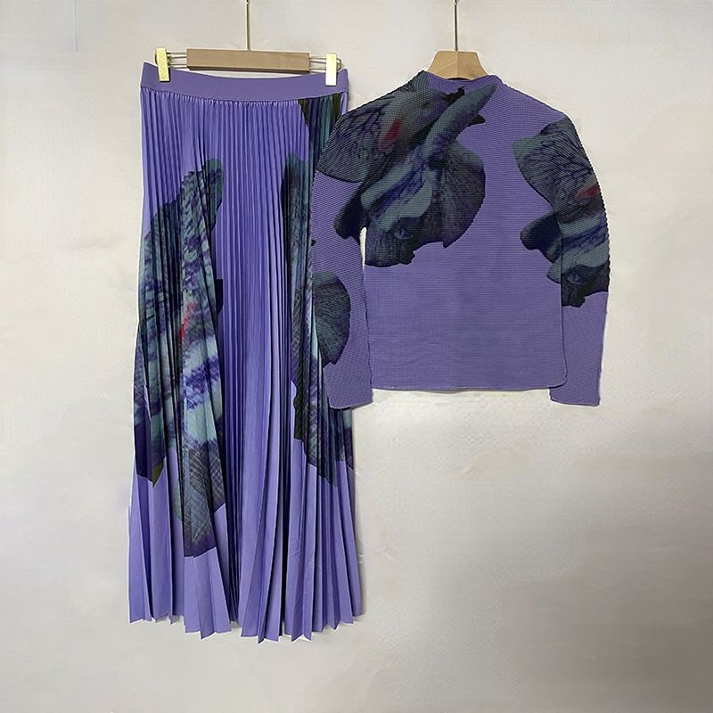 Women's Clothing Pleated Suit High Neck Corn Pleated Slim Long Sleeve Top + Loose High Waisted Pleated Skirt_voghion.com