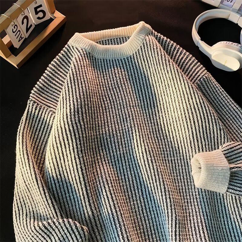 Men's & Women's Striped Knit Sweater - Casual Crewneck Pullover With Color Block Design, Soft & Breathable For Fall & Winter_voghion.com