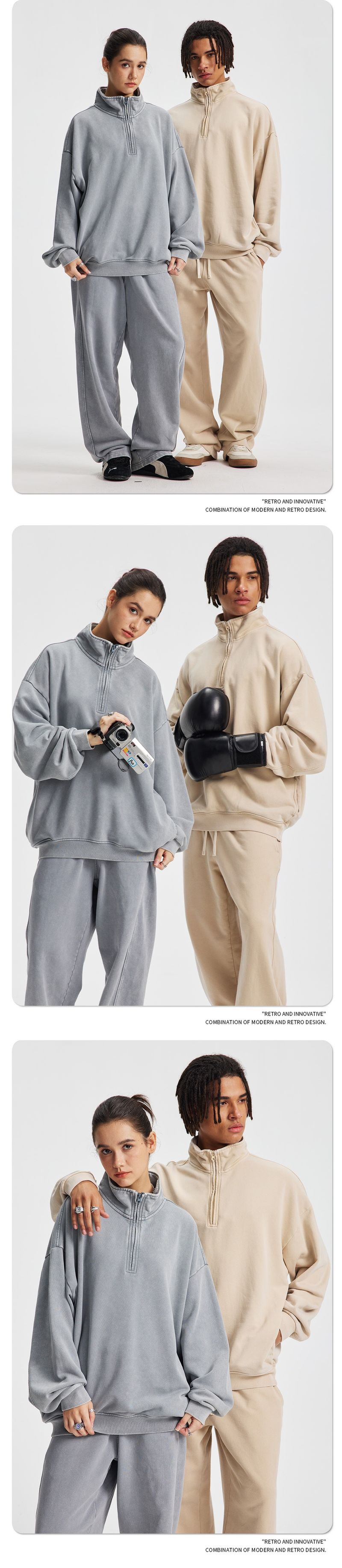 001 2025 Autumn Winter New Vintage Retro Terry Stand Collar Half-Zip Set Loose Trendy Brand Washed Sweatshirt Pants_voghion.com