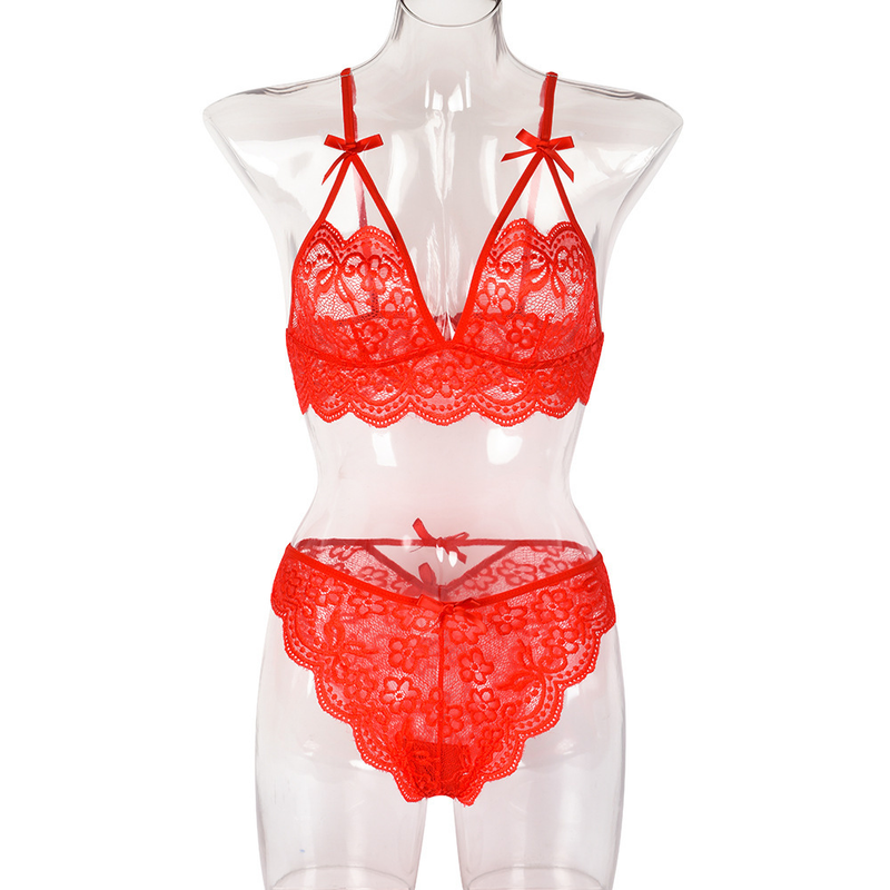 Women's Intimates New Bow Deep V Jacquard Two Piece Sexy Lingerie_voghion.com