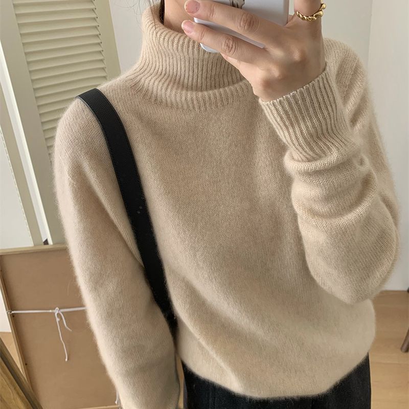 Grobstrickpullover mit hohem Halsausschnitt für Damen – Übergroßer, lässiger Rollkragenpullover, weiche Acrylmischung, einfarbiges Thermo-Oberteil für den Winter (Grau, Schwarz, Beige)_voghion.com