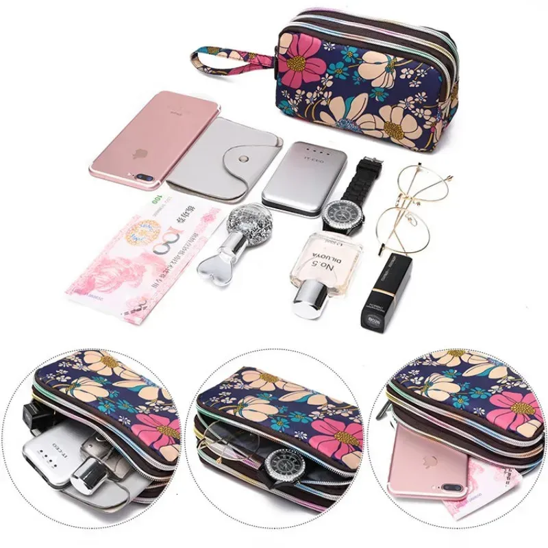 Fashion Flower Print Wallet For Women Three Layer High-capacity Mobile Phone Portable Handheld Mini Key Clutch Bag_voghion.com