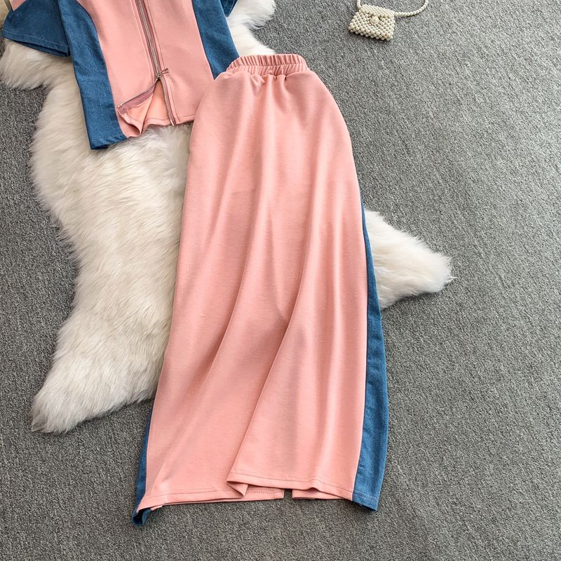 Kadın Giyim Moda İki Parçalı Takım Kadınlar İçin Yaz Aylarında Yeni Tasarım Çift Fermuarlı Dik Yaka Dikişli Kot Üst + Yüksek Bel Göğüs_voghion.com