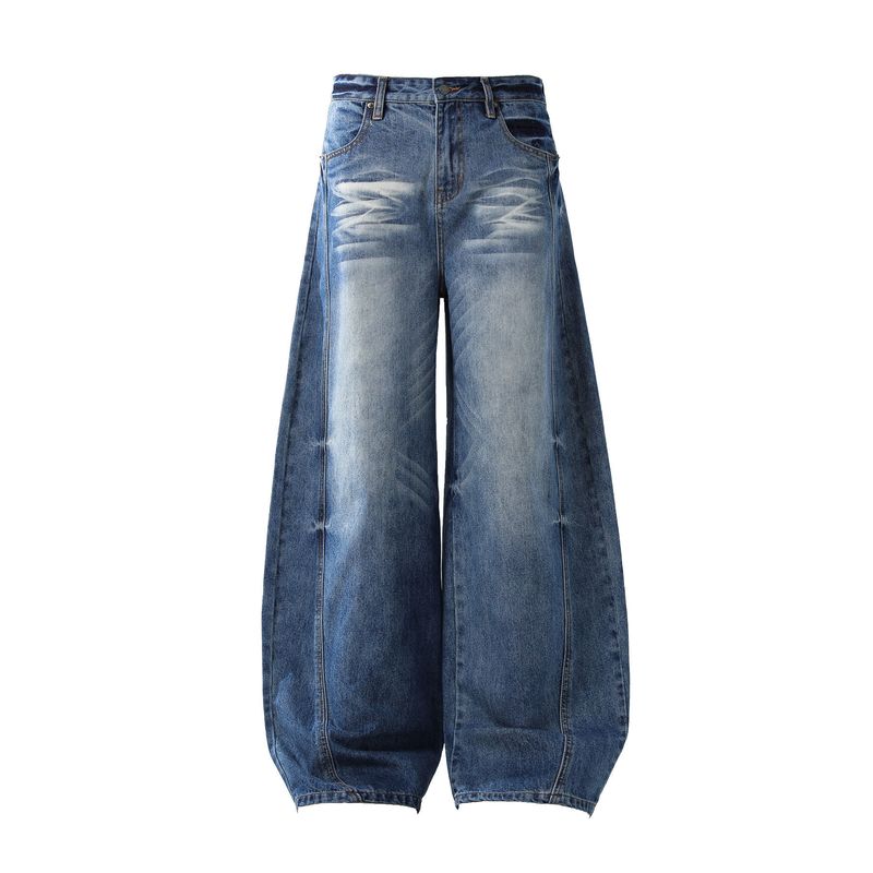 Deconstructed Raw Hem Men's Jeans | American High Street Baggy J-Curve Fit With Whisker Wash_voghion.com