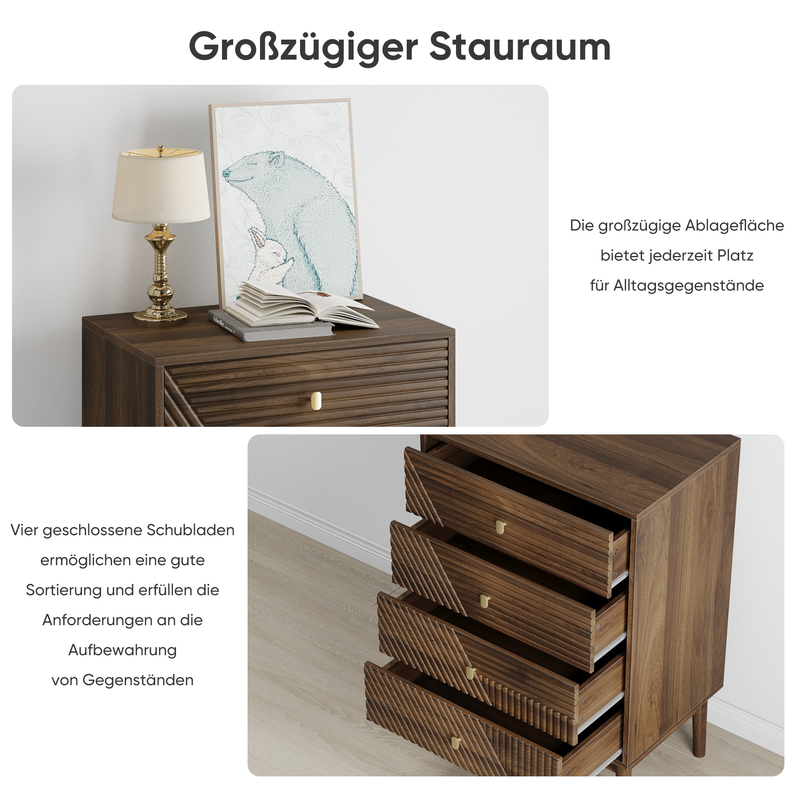 Kommode Mit 4 Schubladen, Moderner Aufbewahrungsschrank Aus Holz, Walnuss_voghion.com