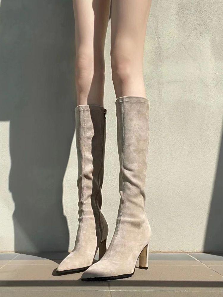 Pointed Toe Apricot Suede Long Female 2024 Fall And Winter Stretch Thin Boots Heel Below The Knee Thick High Leg Boot_voghion.com