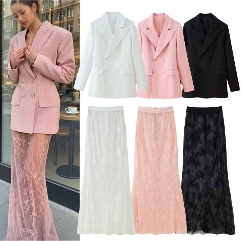 Conjunto de blazer e saia de renda feminino – Jaqueta com lapela e botões e saia evasê (rosa/preto/branco, P-G)_voghion.com