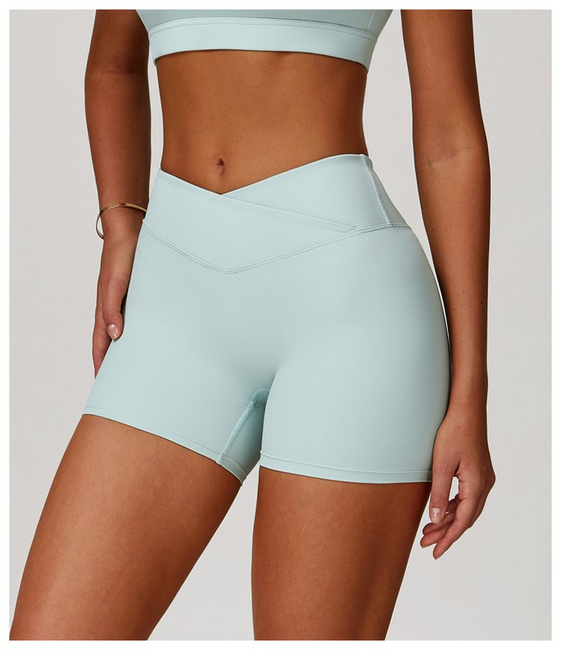 Short de yoga taille haute sans coutures pour femme - Short d'entraînement liftant les fesses avec sensation de nudité, respirant et à séchage rapide, design croisé à la taille_voghion.com