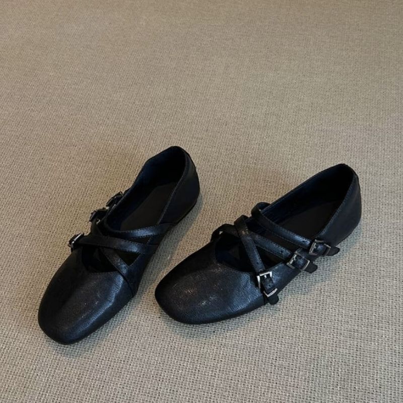 Cowhide Version~Square Toe Cross Strap Ballet Shoes 2025 New French Style Soft Sole Mary Jane Flats_voghion.com