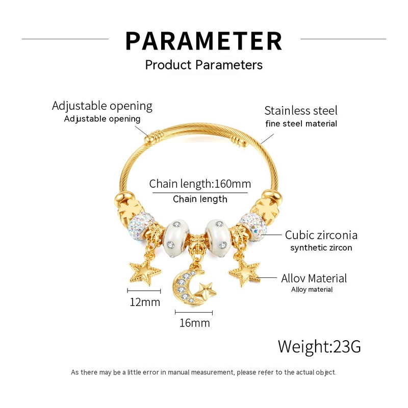 European and American Fashion Versatile DIY Wire Ring Bracelet Personalized Star Moon Pendant Gold Open Titanium Steel Bracelet for Women_voghion.com