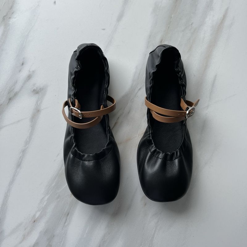 H Unlabeled One-Strap Round-Toe Mary Jane For Women 25 New Soft Genuine Leather Flat Single Ballet Shoes_voghion.com