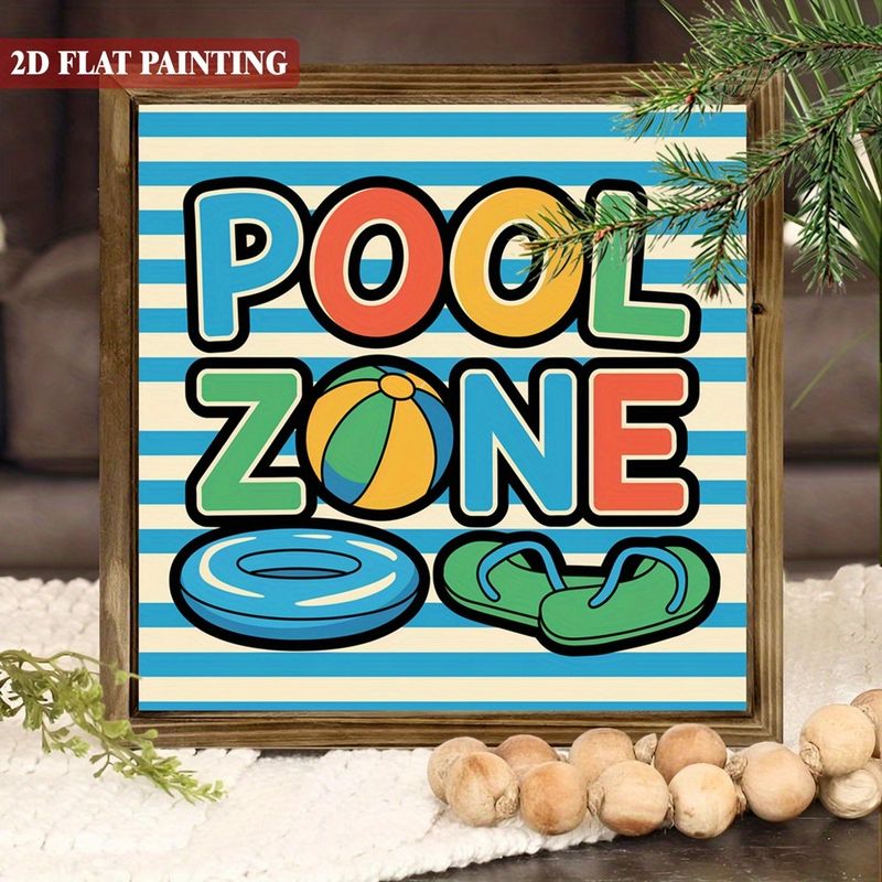 Rustikt træskilt med 'Pool Zone' - 20x20 cm livlig sommerdekoration med badetøj og klipklappere. Perfekt til verandaen, haven eller som sæsongave._voghion.com