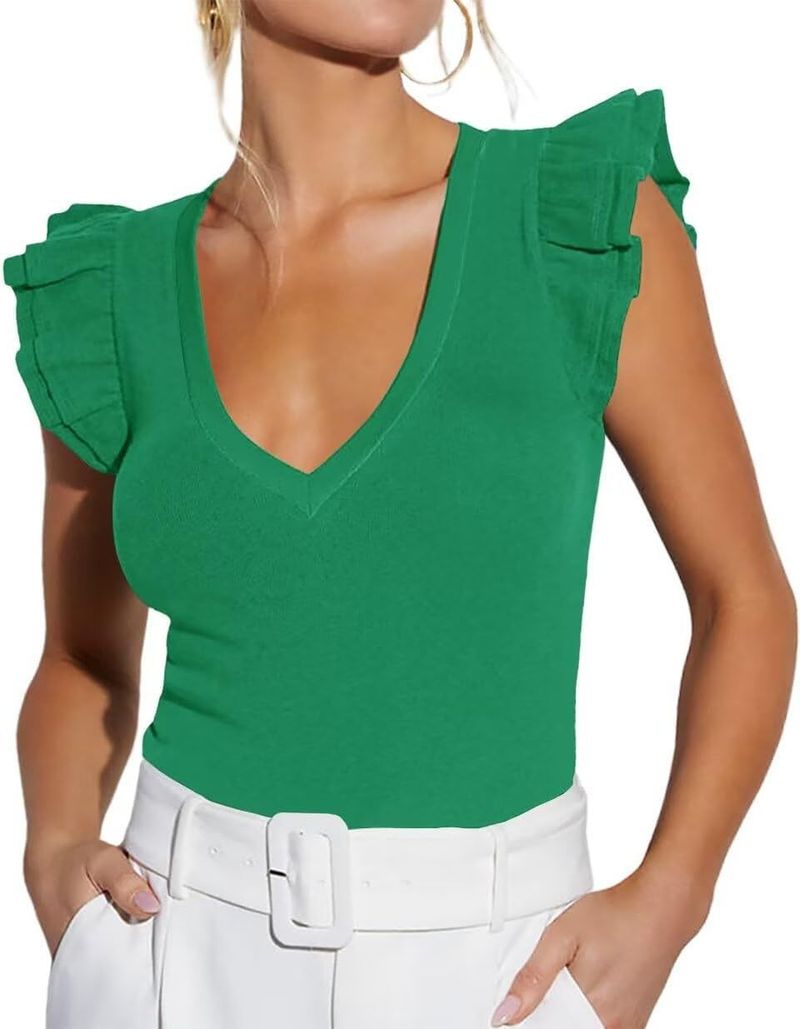 Abbigliamento da donna, top estivi da donna, colletto a cuore pesca, maniche a palloncino, gilet aderente in filo_voghion.com