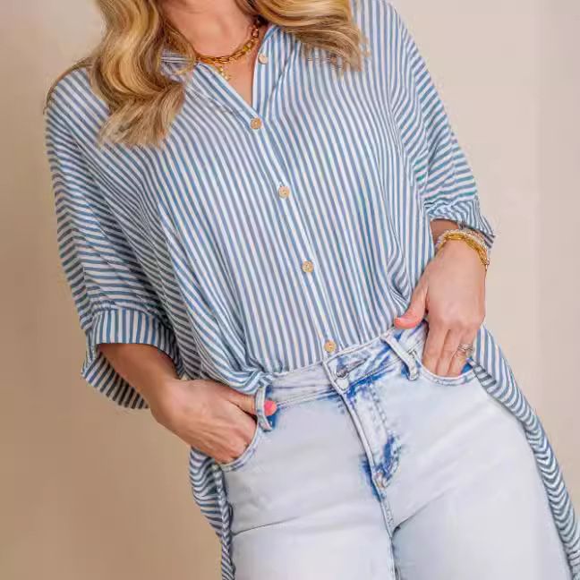 Verve 2025 Women's Spring/Summer New Striped Single-Breasted Mid-Sleeve Shirt_voghion.com