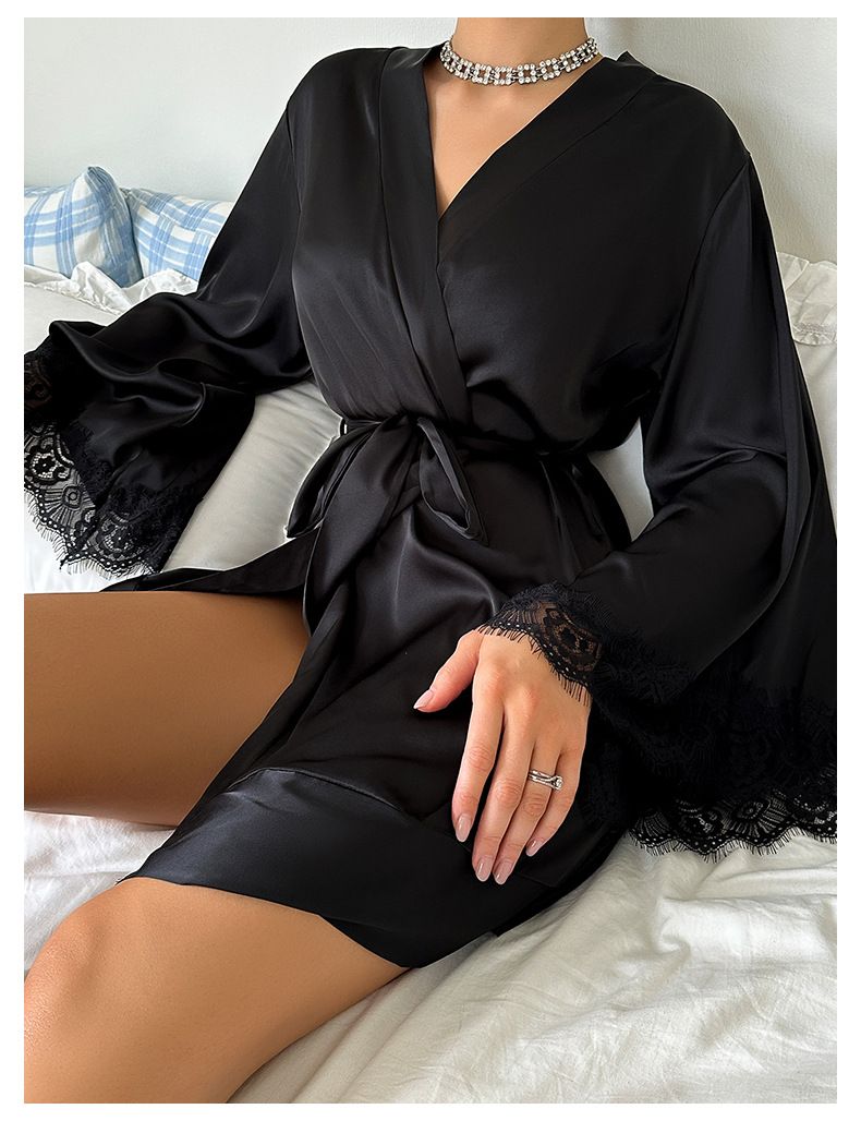Europäische und amerikanische Cross Border Sexy Nachthemd Medium Bademantel Sexy Pyjamas Damen Langarm Damen Satin Home Kleidung Großhandel 735_voghion.com