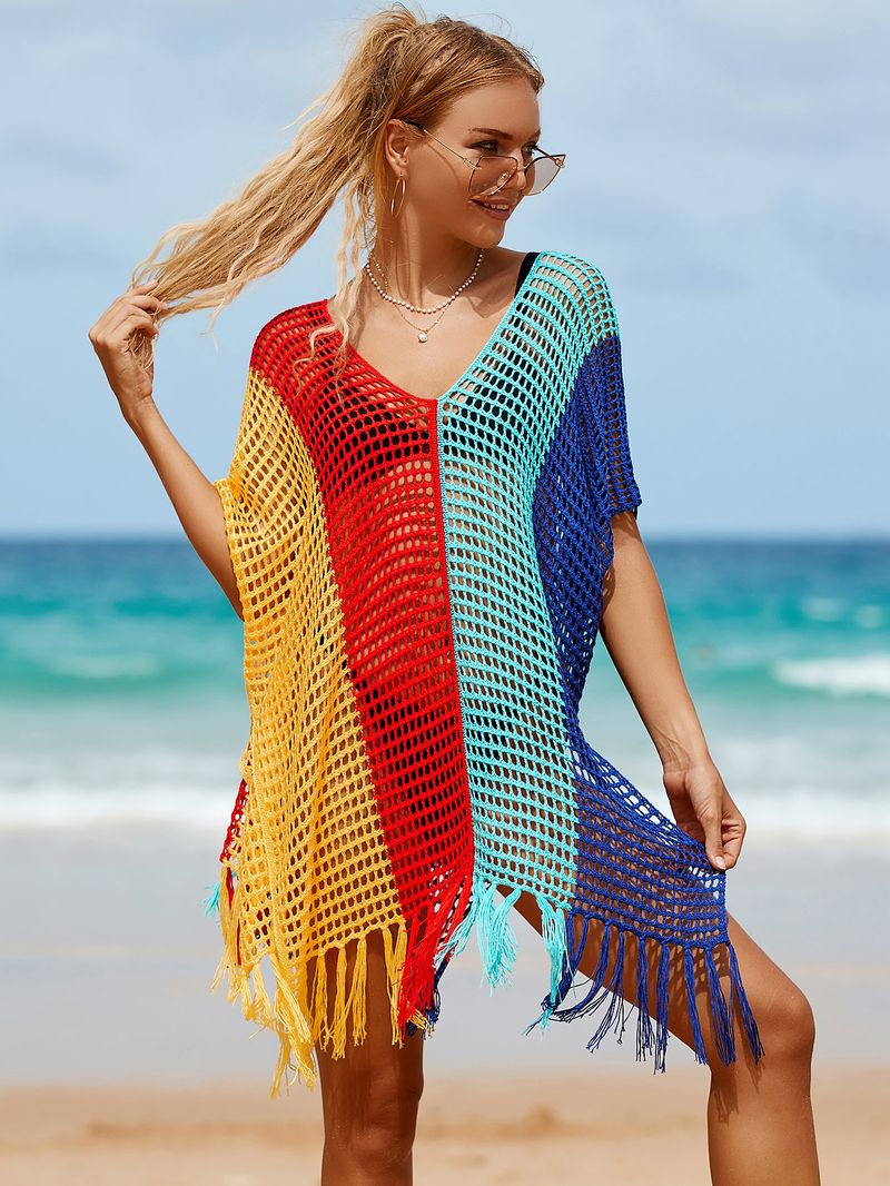 Damen Strandüberwurf, gestrickt, Regenbogenfarben, Urlaubsüberwurf, Strickpullover_voghion.com