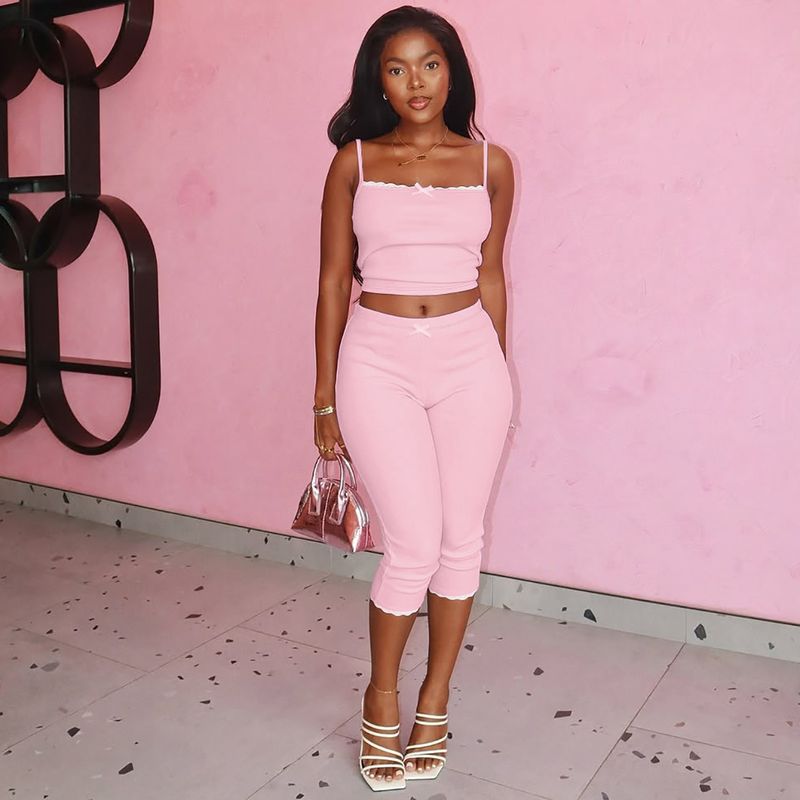 Heißer Verkauf frauen Kleidung 2025 Frühling Sommer Neue Mode Spitze Trim Leibchen Top Schlank Shorts Set_voghion.com
