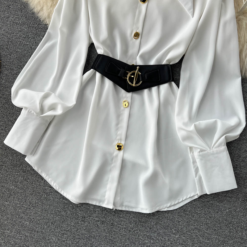 Women's High-end And Beautiful Temperament Long-sleeved White Shirt Dress_voghion.com