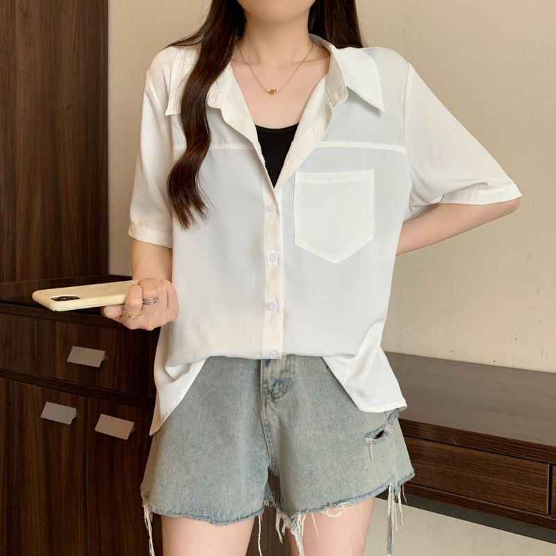 Abbigliamento da donna taglie forti, taglia grande, taglia grande, estivo, a maniche corte, tinta unita, temperamento, due pezzi, coprente per la pancia e anti-età, camicie casual per donna_voghion.com