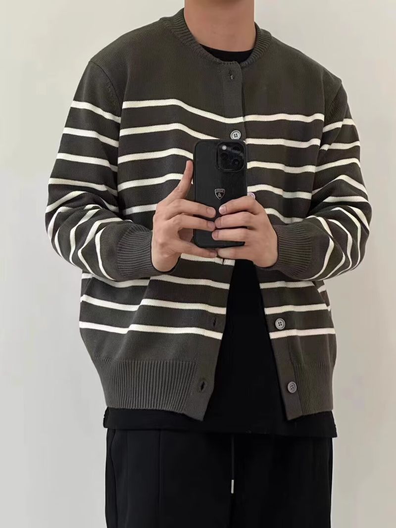 Gestreifter Damen-Strickpullover – Langärmliger, lässiger Mantel mit Knopfleiste vorne, offen, weich und bequem, trendiger College-Stil_voghion.com