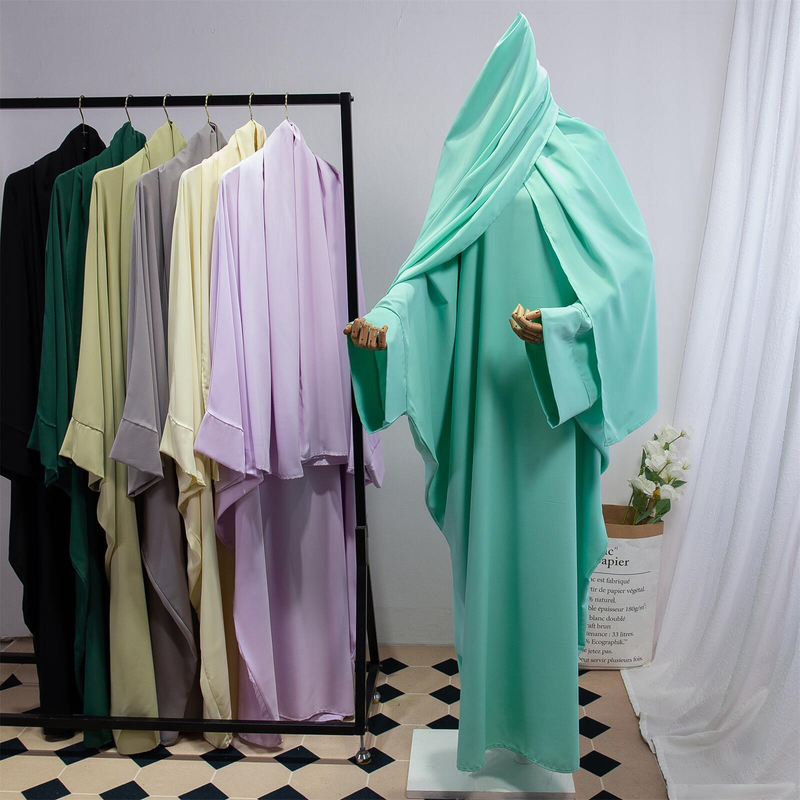Dammekleeder Einfarweg Arabesch Kleed Fraekleed mat Kappduch Abaya Casual Loose Fliedermausärmel Robe_voghion.com
