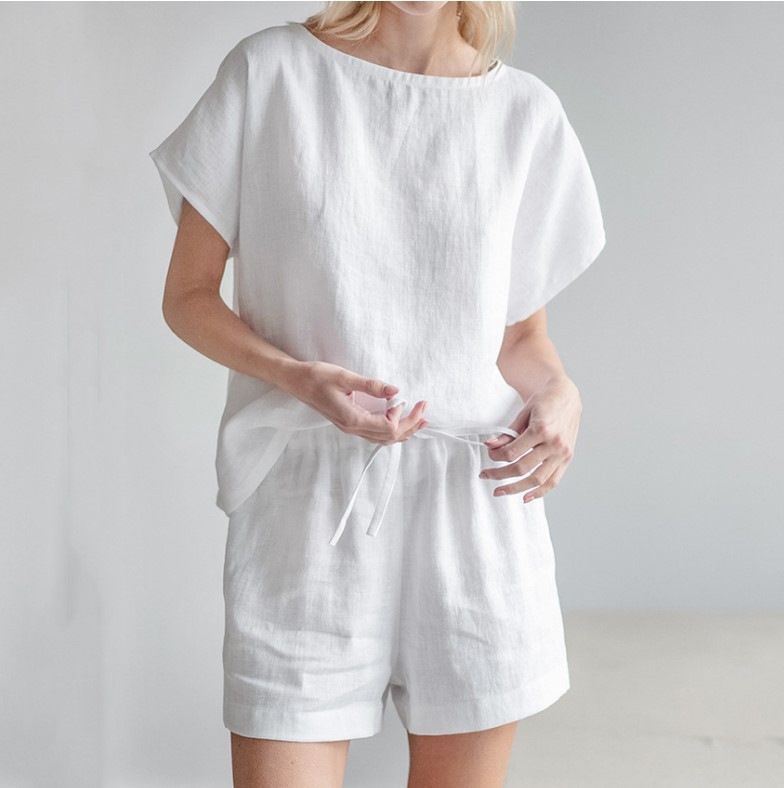 Tuta da donna con maniche corte, in cotone e lino, stile retrò, casual, tinta unita, con coulisse e pantaloncini._voghion.com