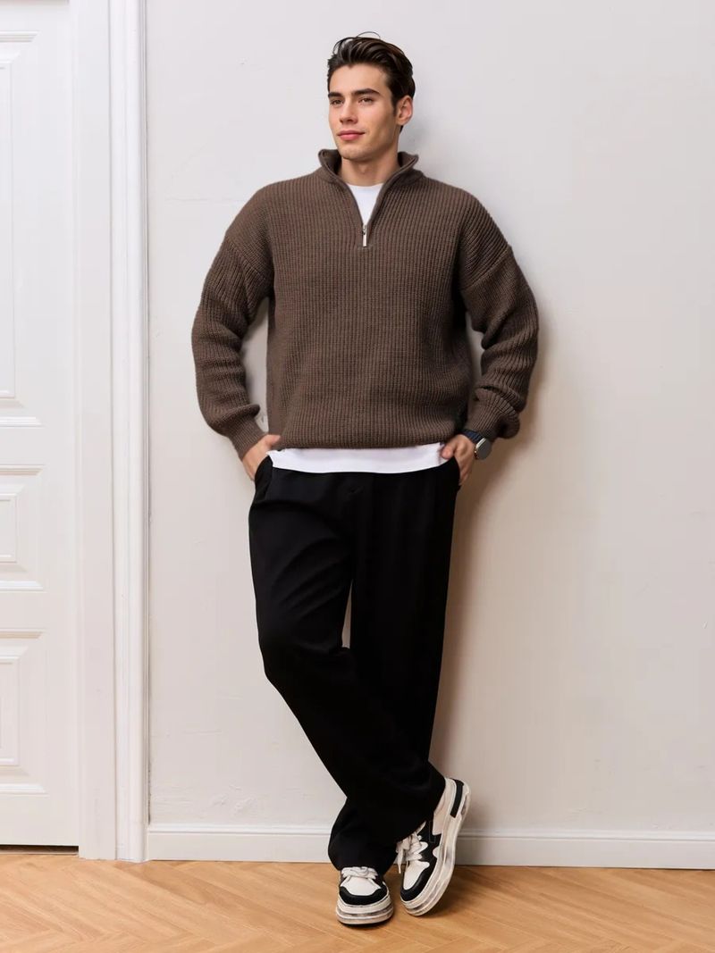 Men's Fall Winter Half Zip Stand Collar Sweater Men's Old Money Style Swetear Knitted Jumper_voghion.com