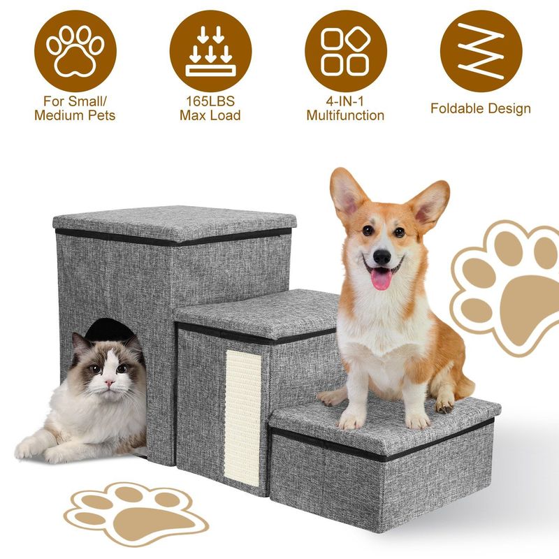 Dog Stairs For Bed And Couch 42cm H, Foldable Dog Stairs For Small Older Dogs Cats, 4 In 1 Adjustable Pet Cat Stairs Steps With Storage, Dog Ramps With Condo, Cat Scratcher, Hold Up To 180LBS_voghion.com