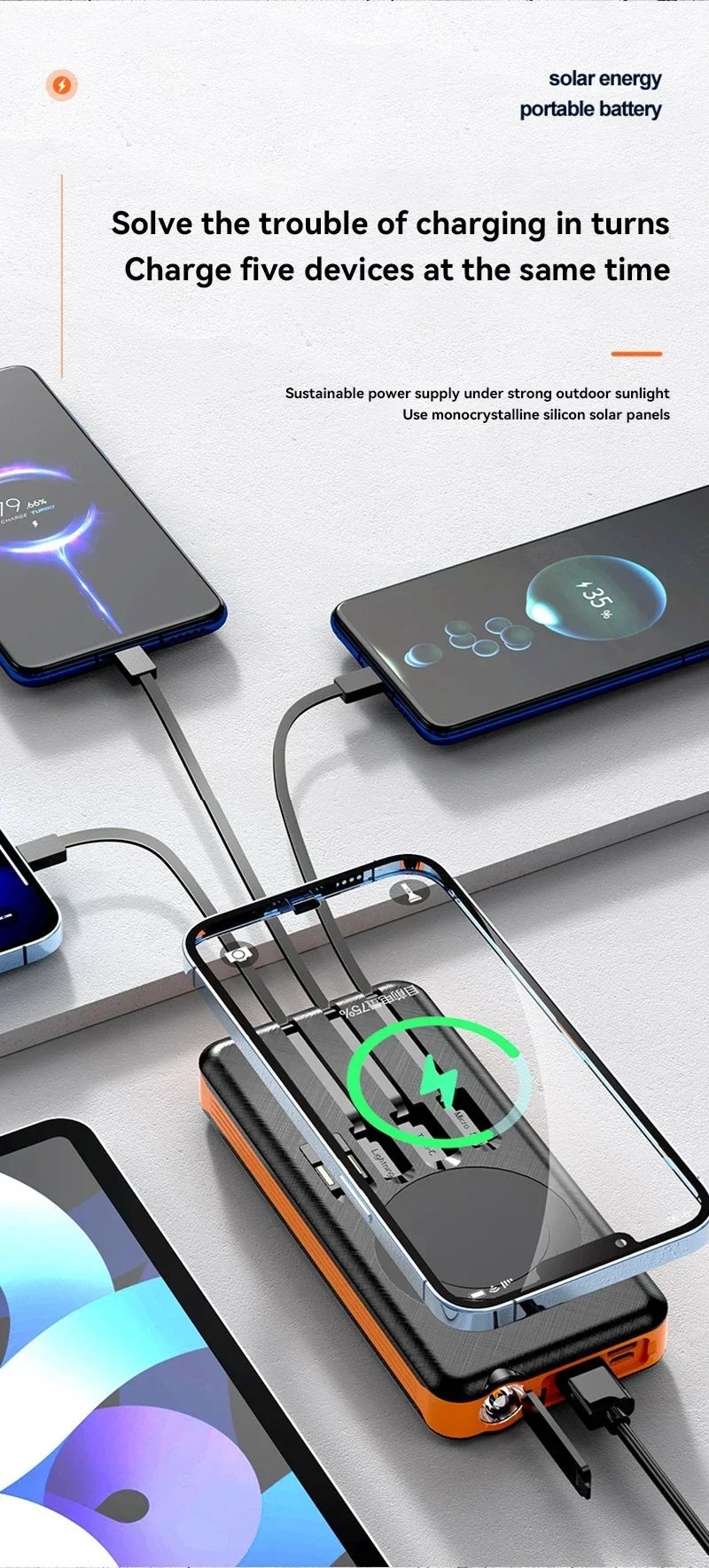 100000mAh Solar Bank Wireless Fast Charging Battery Large Capacity Mobile Power Dual USB 4 Cables For IPhone_voghion.com