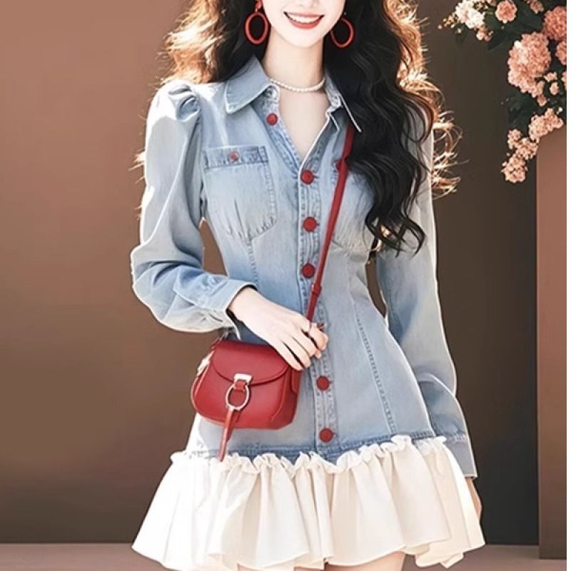 Abito in denim con cuciture Design Sense per donna, primavera 2025, vestibilità slim e gonna corta con cintura in vita_voghion.com