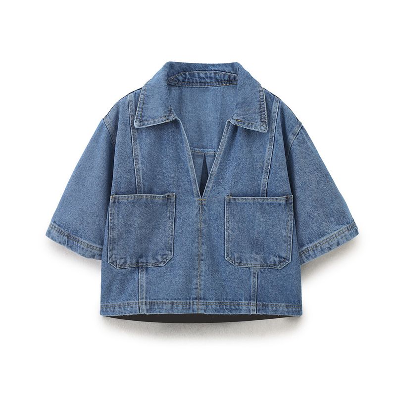 Damenbekleidung Kurzes Jeanshemd Zweireihiger Jeansrock Hosenanzug_voghion.com
