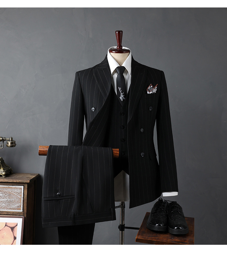 Slim Fit Zweireihiger Anzug für Herren – Blazer und Hose für den Bräutigam mit steigendem Revers, formelle Geschäfts- und Freizeitkleidung (Schwarz/Marineblau)_voghion.com