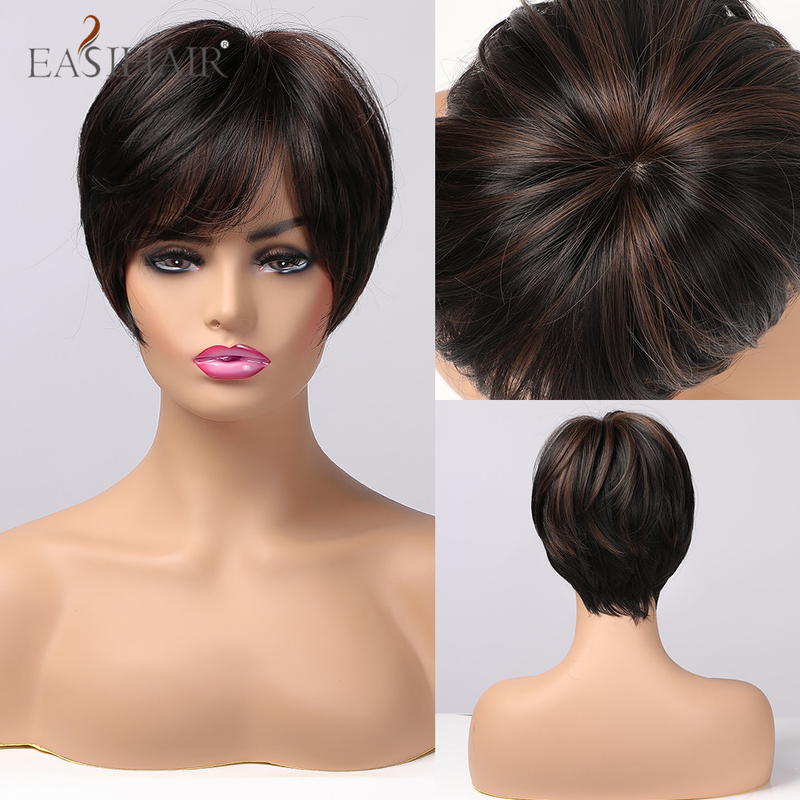 Parrucche sintetiche corte e lisce castane dorate con taglio pixie, frangia, caschetto, a strati, per donne, per feste di cosplay quotidiane, resistenti al calore_voghion.com