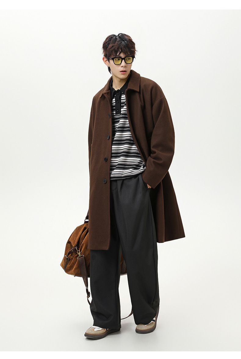 Men’s Longline Double-Faced Wool Coat, Oversized Trench Coat With Thickened Fabric, Streetwear Lapel Overcoat For Fall & Winter_voghion.com