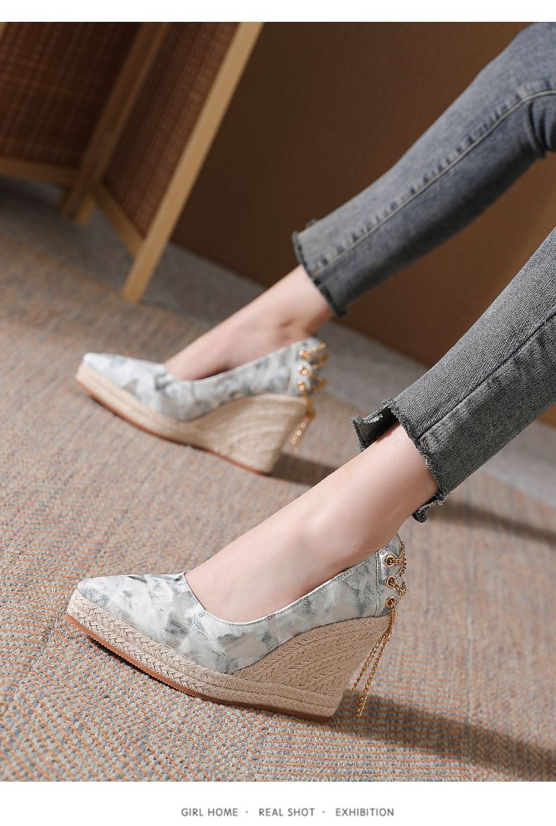 Women’s Shoes Wedge Heel Thick Bottom Pointed Toe Shallow Mouth High Heel Women's Single Shoes Straw Rope Bottom Large Size Shoes Shoes_voghion.com