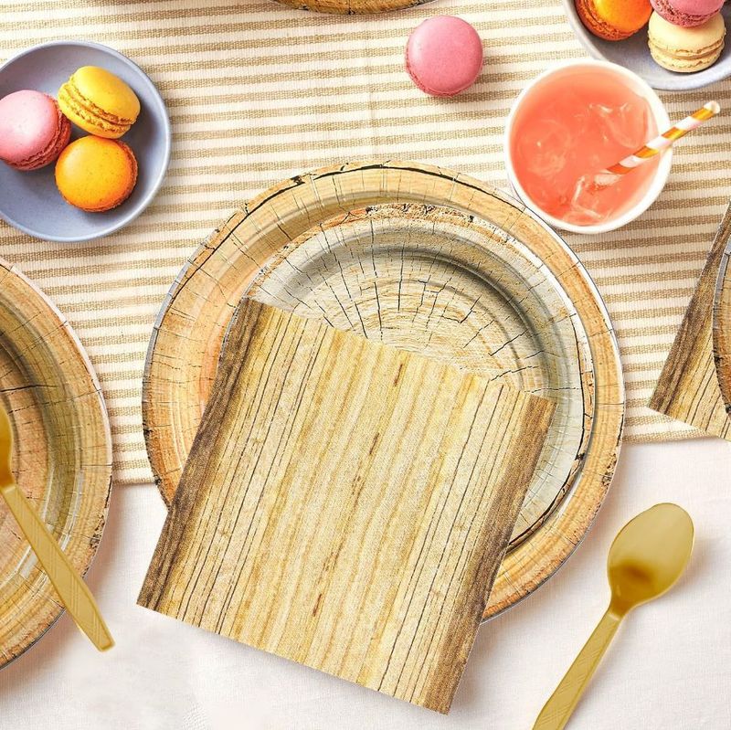 Easter Day Original Wood Grain Party Tableware Lumberjack Camping Hunting Theme Decoration Disposable Paper Plate Towel Tablecloth Set_voghion.com