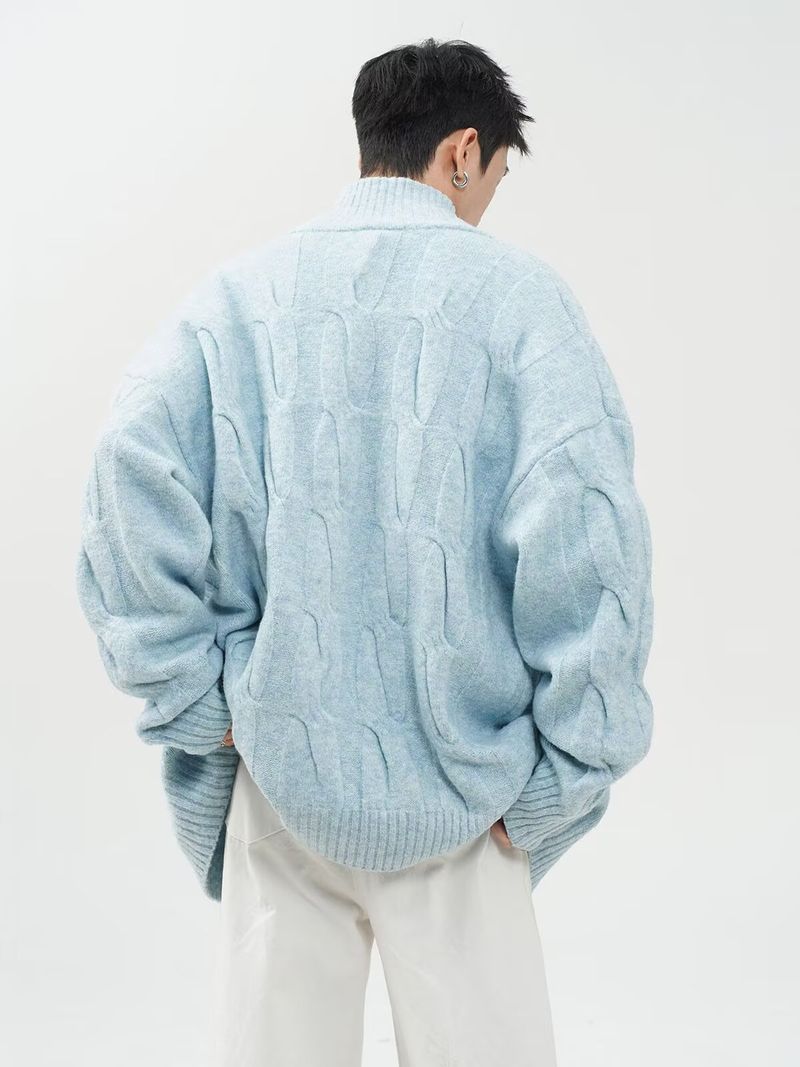 Maglione semi-dolcevita da uomo - Cardigan oversize in maglia a trecce con tessuto elasticizzato traspirante, abbigliamento unisex per l'autunno (nero/kaki/blu)_voghion.com