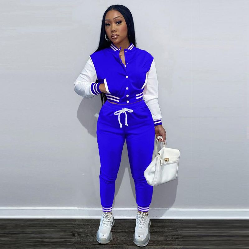 Patchwork Single-Breasted Baseball Jacket Women's Sports Two-Piece Set_voghion.com