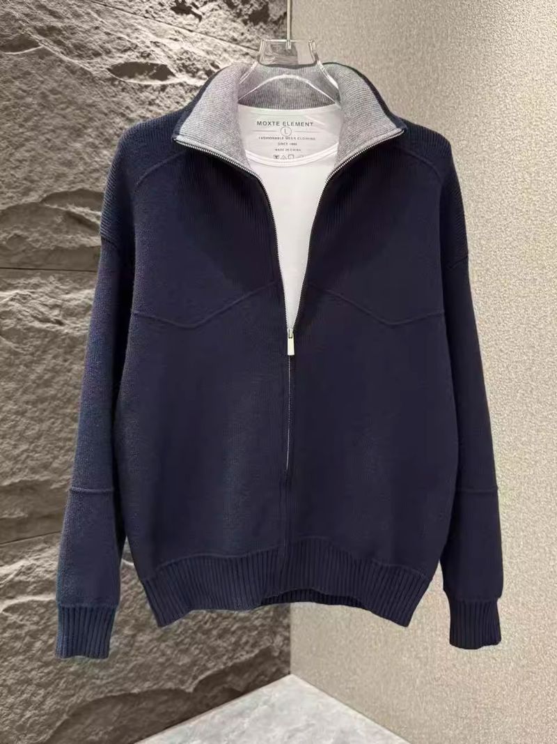 Cardigan d'hiver zippé pour homme – Veste à revers en tricot épais, doublure polaire chaude, style décontracté (bleu marine/abricot, M-3XL)_voghion.com