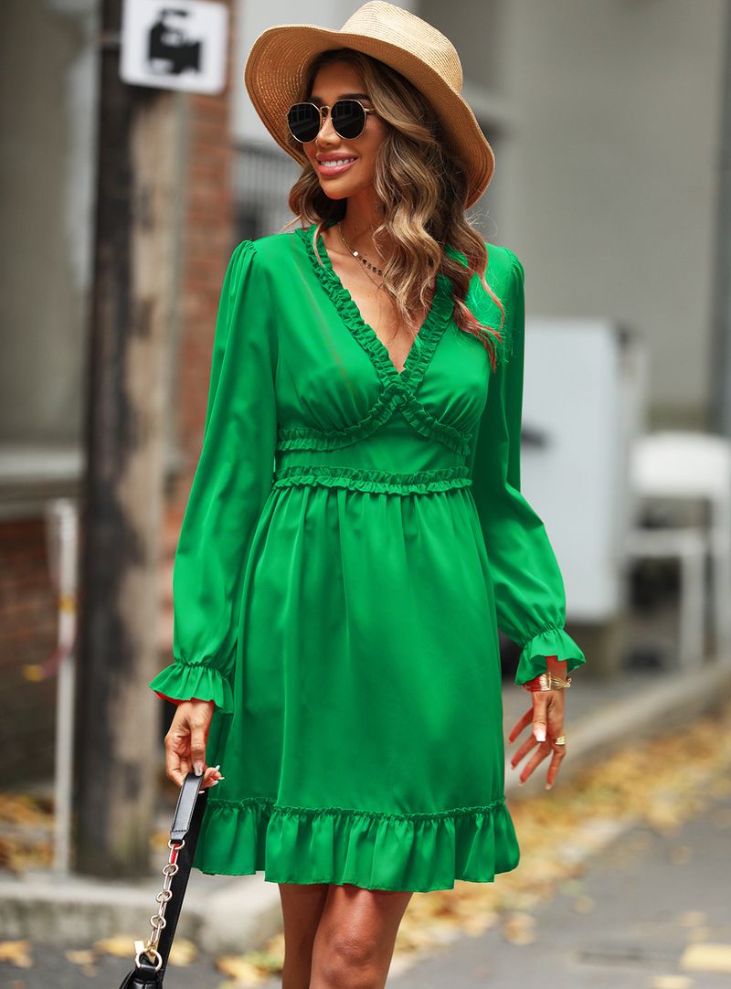 Elegante gonna a trapezio a maniche lunghe da donna a vita alta con scollo a V arruffato_voghion.com