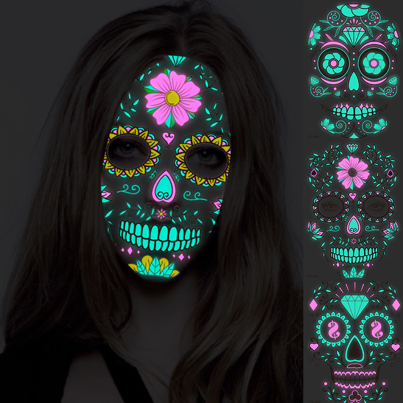 Masque facial temporaire pour Halloween, autocollant, tatouage lumineux, crâne, squelette Floral, Web, fourniture complète pour fête de famille_voghion.com