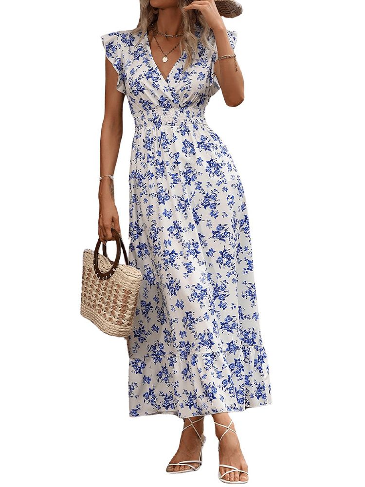 Abito estivo da donna con scollo a V, stile bohémien, con cintura in vita e gonna lunga a strati con motivi floreali_voghion.com